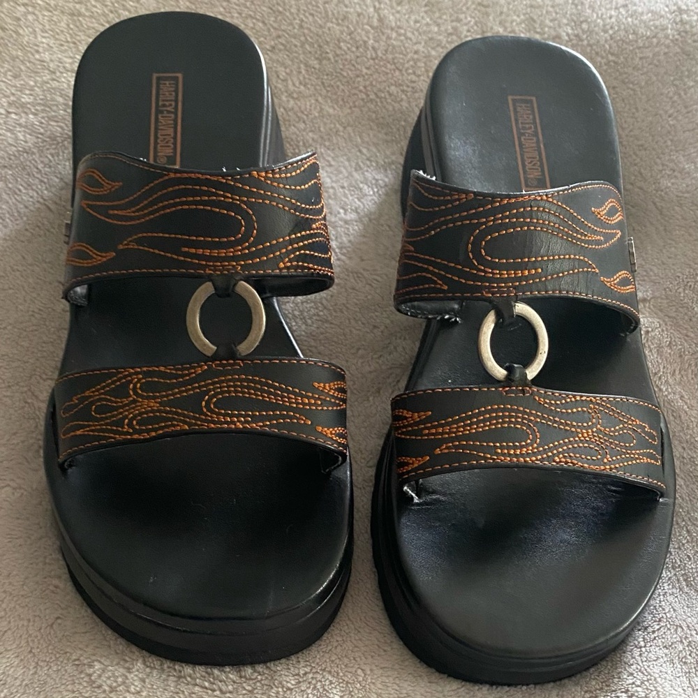 Harley-Davidson Black Sandals with Orange Stitching